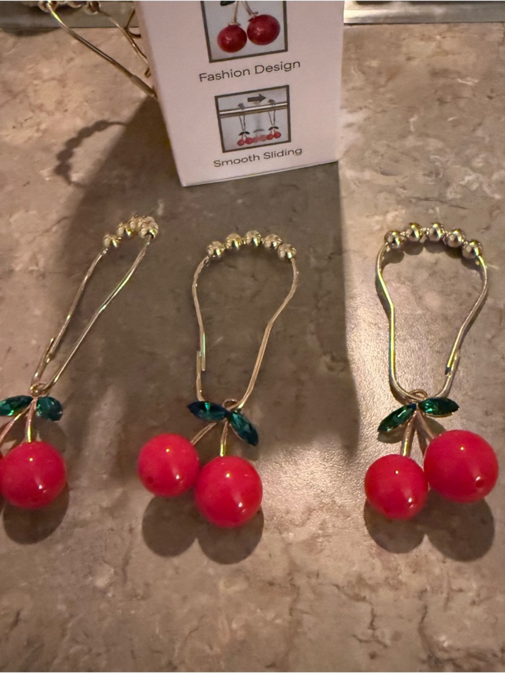 Cherry Dangle shower curtain rings with rhinestone leaves